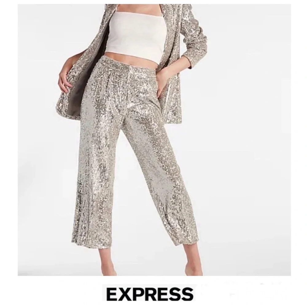 ♦️SOLD♦️EXPRESS Sequined Pleated High Rise Cropped Wide Leg Trousers Pants Sz M - Picture 1 of 16